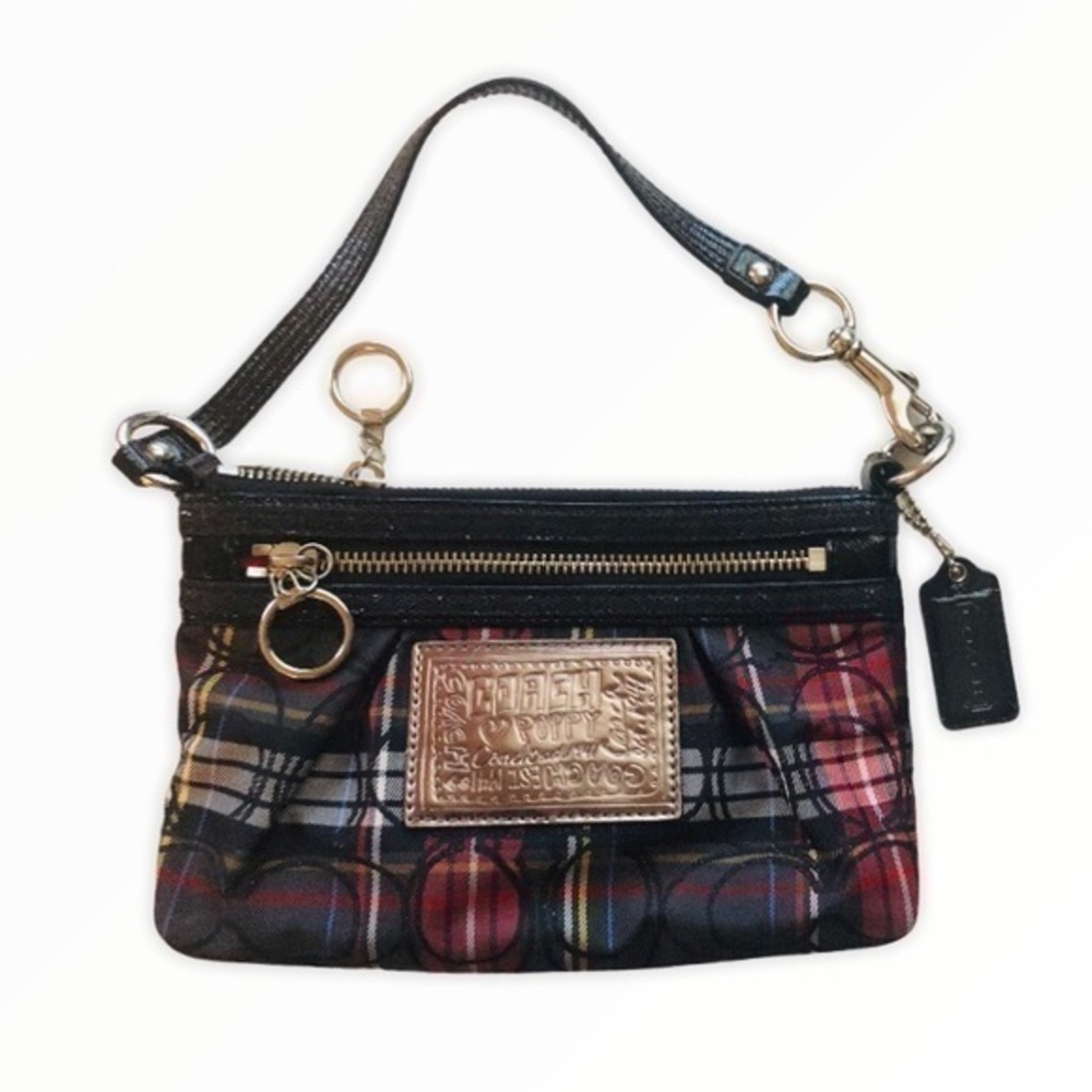 COACH signature red plaid mini bag wristle…